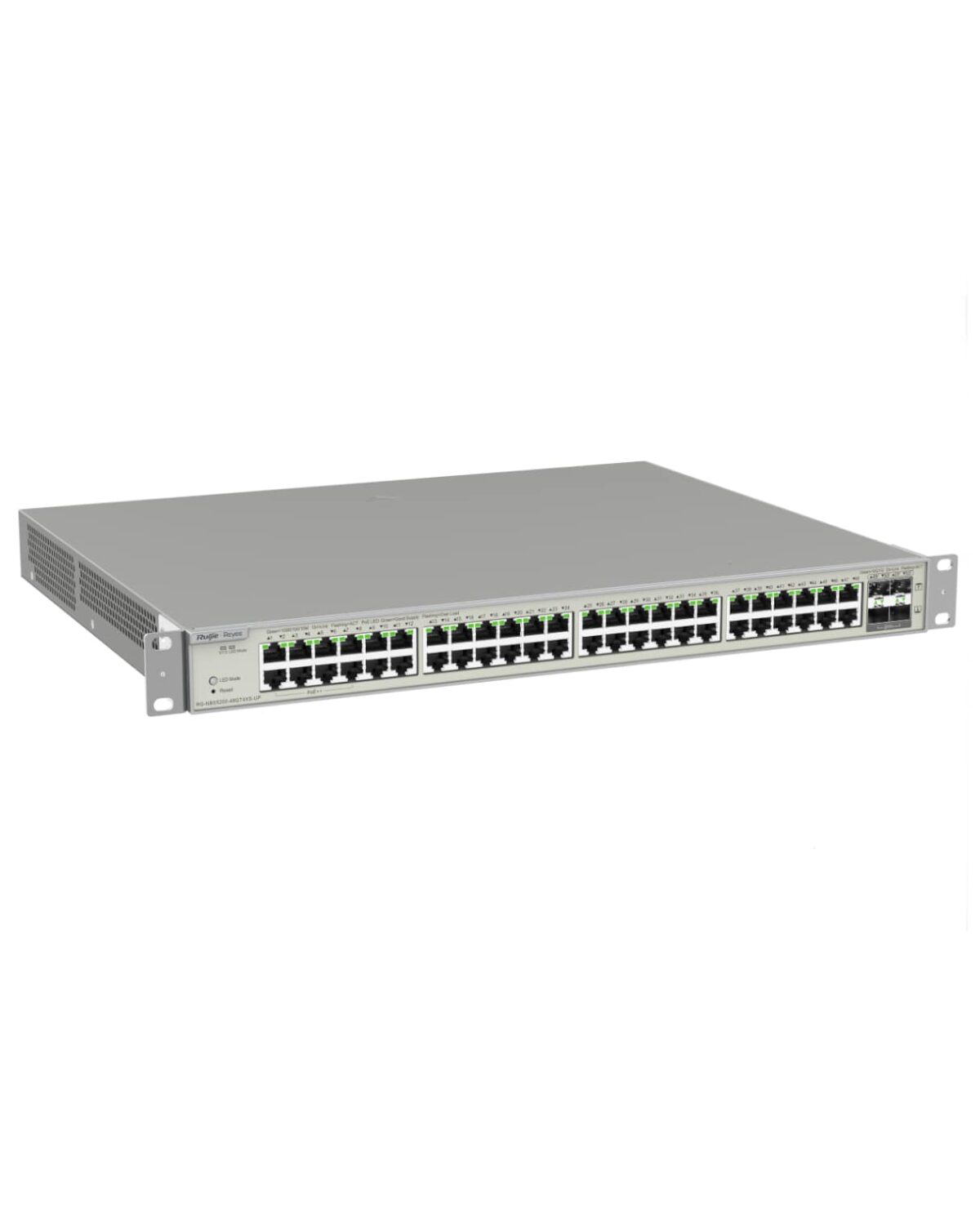 Dimensiones: 442,4 x 285,4 x 43,7 mm (17,42 x 11,24 x 1,72") Peso: 4 kg (8,82 libras) Puertos: 48 puertos Gigabit Ethernet RJ45 4 puertos SFP+ Ethernet 1/10G Rendimiento: Rendimiento total sin bloqueo: 88 Gb/s Capacidad de conmutación: 176 Gb/s Tasa de reenvío: 130.944Mpps Alimentación: Entrada universal USP RPS Entrada de CC, 100-240 V CA, 50/60 Hz 11,5 V CC, 5,22 A Fuente de alimentación, CA/CC, interna, 60W Gestión: SNMP, RMON, CLI, Web, Ruijie Cloud